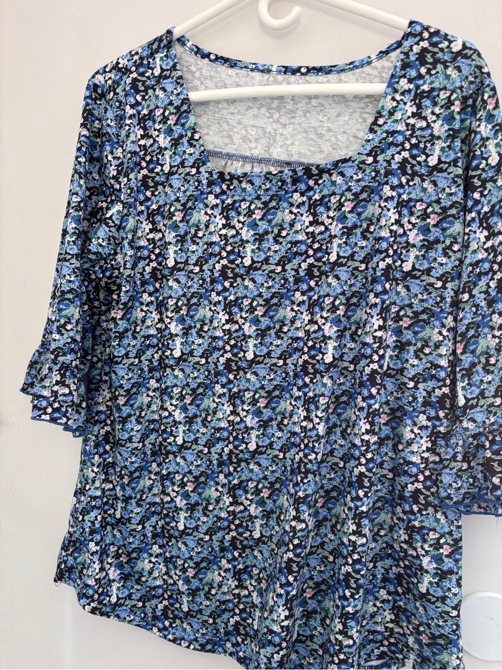 Women's Summer Blue Pink White Floral Square-Neck Blouse XXL Flared Sleeve